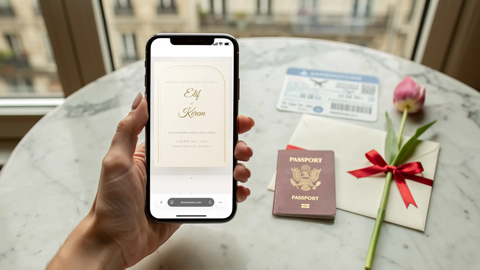 Digitale Hochzeitseinladung auf einem Smartphone mit Reisepass und Bordkarte